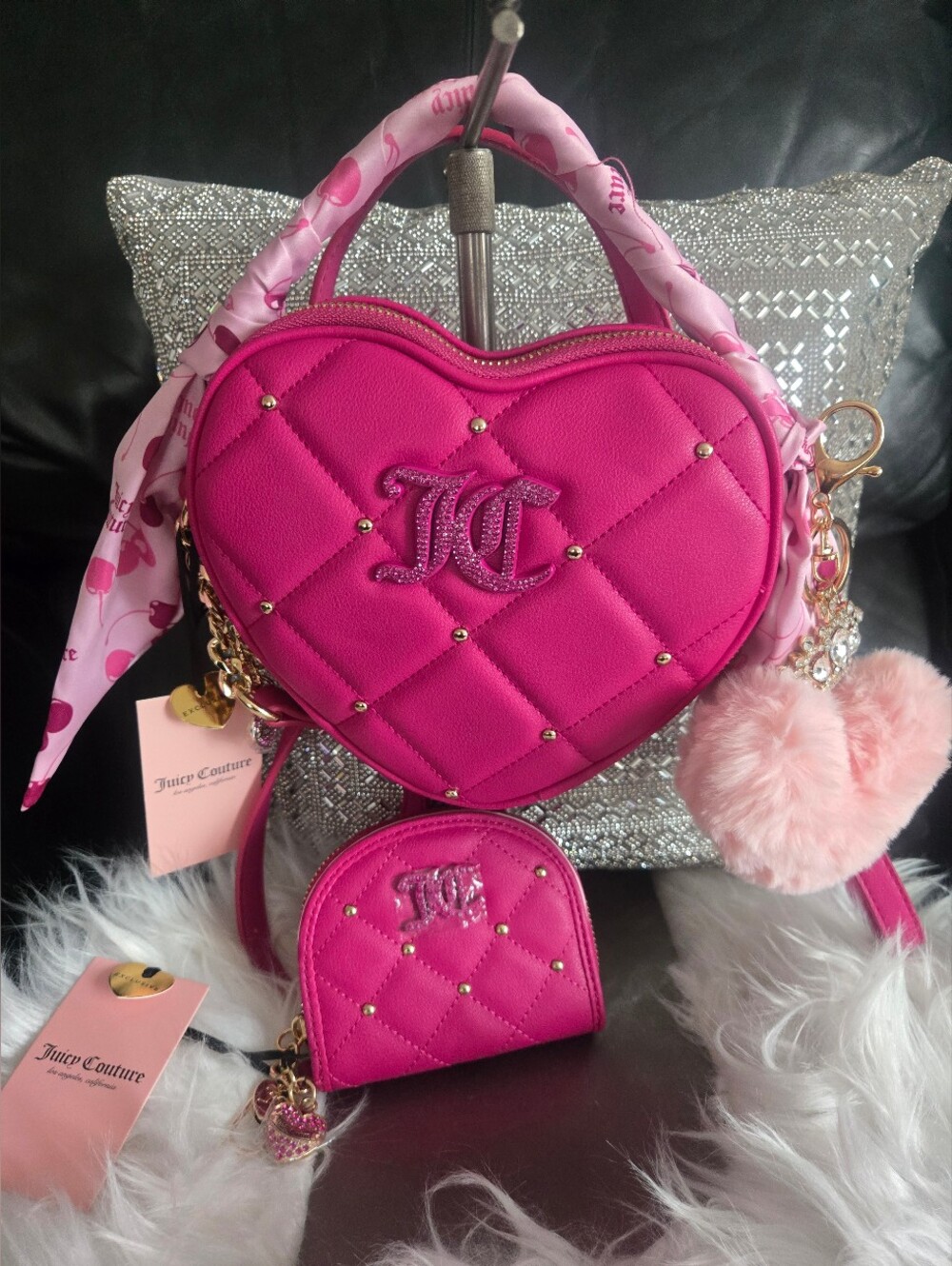 Juicy Couture Holding The Line Quilted Heart Crossbody with Wallet  & Pom